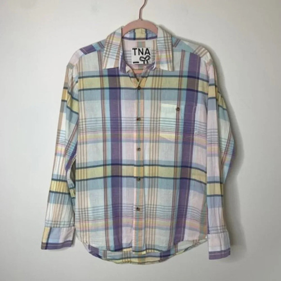 Aritzia TNA Plaid Button Down Shirt Classic Fit Yellow Purple Size Small - Picture 4 of 16